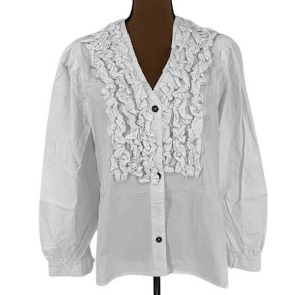 POL Tops - POL New in Bag Long Sleeve Ruffle Collar V-Neck Button-Up Shirt in White – Small